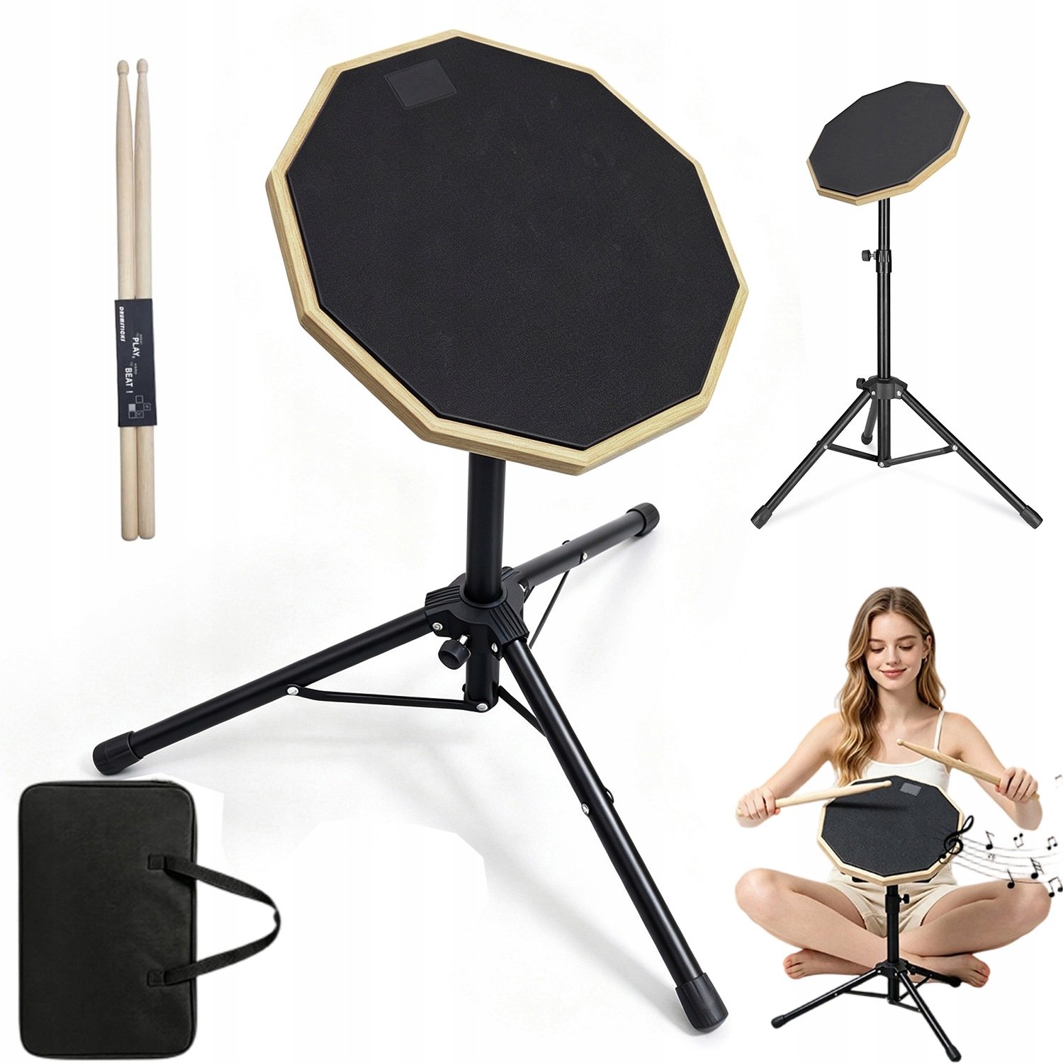 12 Inch Drumpad Set – Stille Drum Oefenpad - Oefendrumpad - Drum Practice Pad - met Stokken & Verstelbare Standaard & Draagtas – Achthoekig - Voor Oefenen & Studie