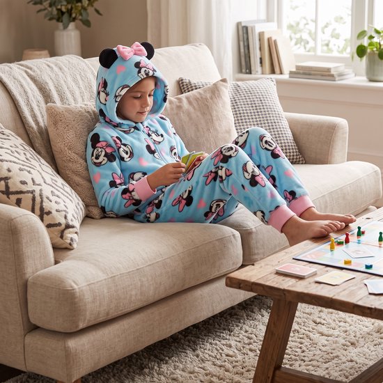 Kind in een blauwe Minnie Mouse onesie zit op een bank en speelt een spel met kaarten.