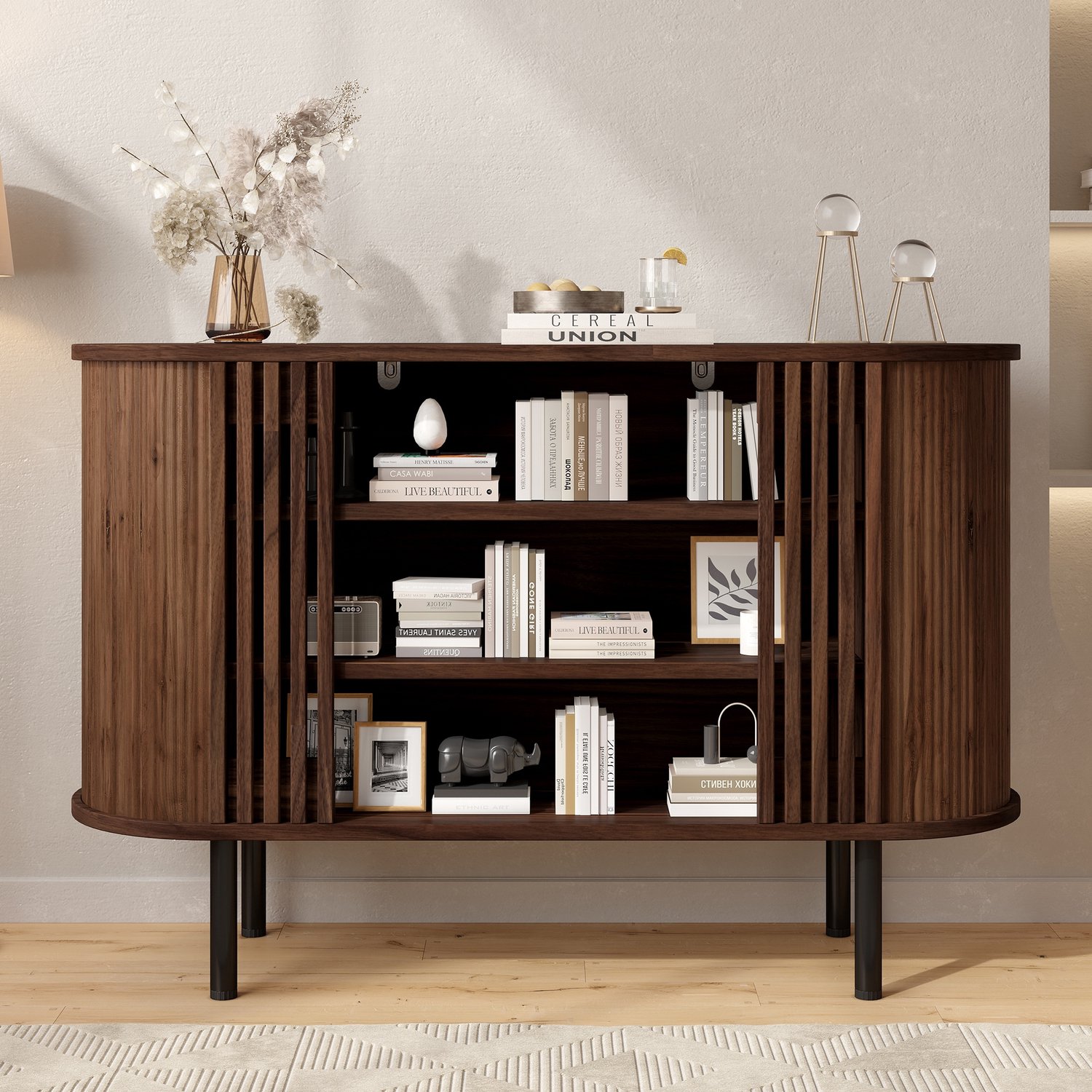 PHOEBE CAT Dressoir - Boekenkast - Bijzettafel - Open opbergkast - MDF - Verstelbare metalen poten - Walnootkleurig