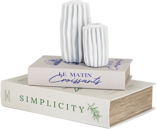 Twee witte gegroefde vazen op twee decoratieve boeken: 'Le Matin Croissants' en 'Simplicity'.