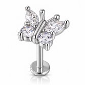 Maevi® Piercing voor Oor - Kleur: Zilver - Vlinder / Butterfly - Formaat: 12 x 6 MM - Titanium - Tragus / Kraakbeen / Helix / Conch - Oorpiercing - Piercing Sieraad - Hoge Kwaliteit - Labret Piercing - Luxe Sieraad - Oorbellen