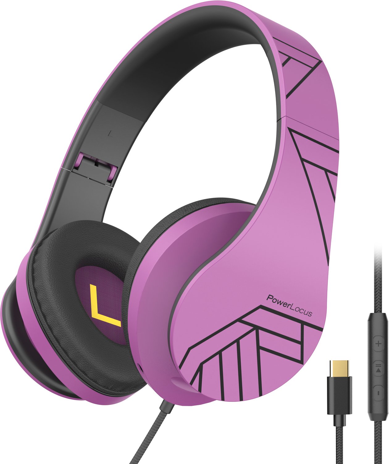 PowerLocus P2 Wired - Koptelefoon met Draad USB-C - Microfoon - Inklapbaar - Over-Ear Hoofdtelefoon met Kabel - Comfortabele Pasvorm - Audio Sharing Port - Zwart/Purper