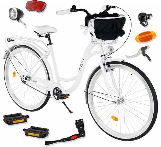 Witte Davi stadsfiets met zwarte mand, 28 inch wielen, accessoires zoals bel, lampen en pedalen los afgebeeld.