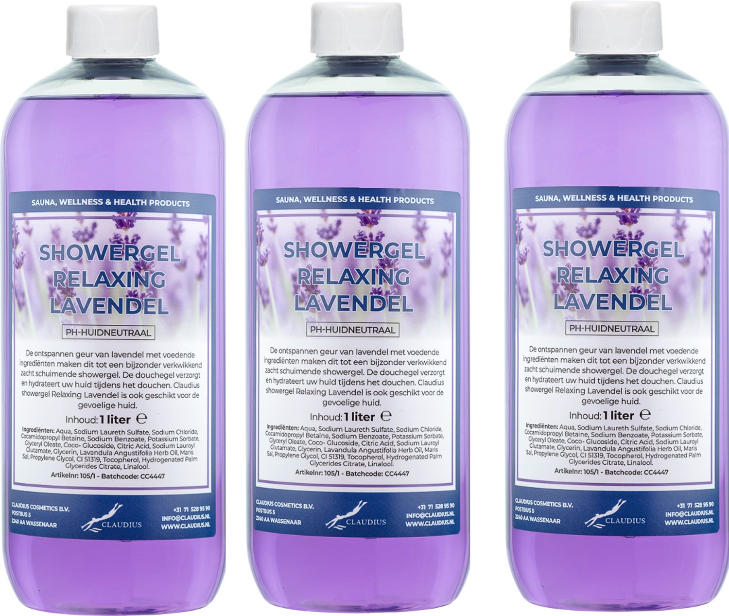 Claudius Douchegel Relaxing Lavendel 1 liter - set van 3 stuks - showergel - navulling - voordeelverpakking