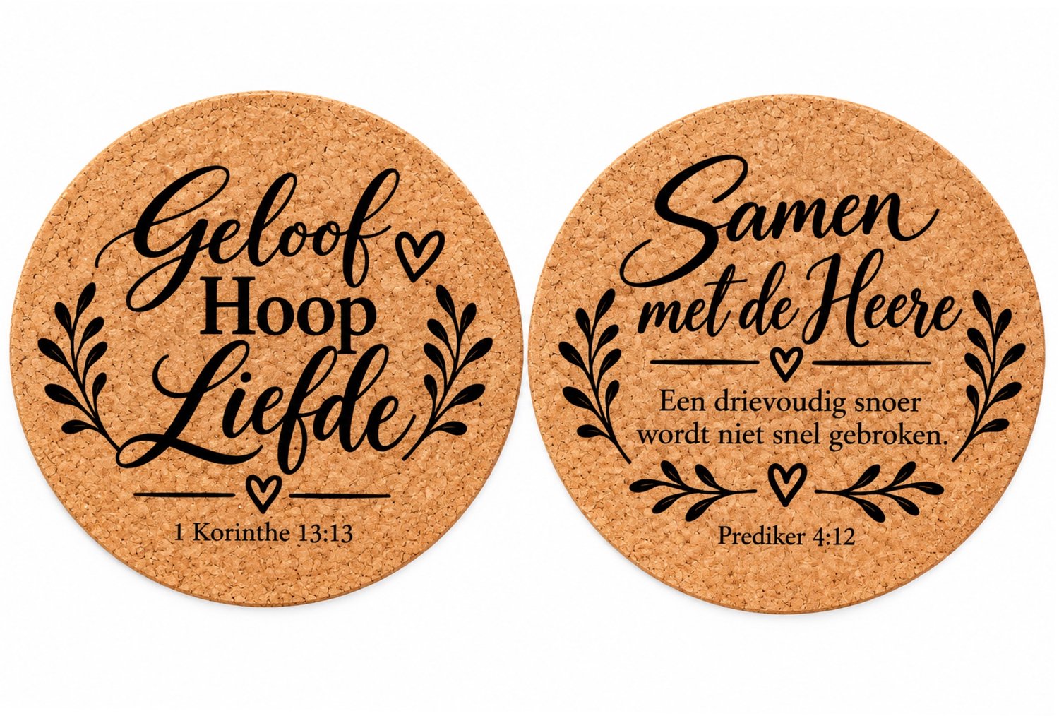 Onderzetters - Christelijke pannenonderzetters van Kurk – Bijbel - Geloof Hoop Liefde - Bijbelteksten – Christelijk Huwelijkscadeau – Cadeau Bruidspaar – Trouwen – Huwelijksjubileum – Cadeau Echtpaar – Woonaccessoires
