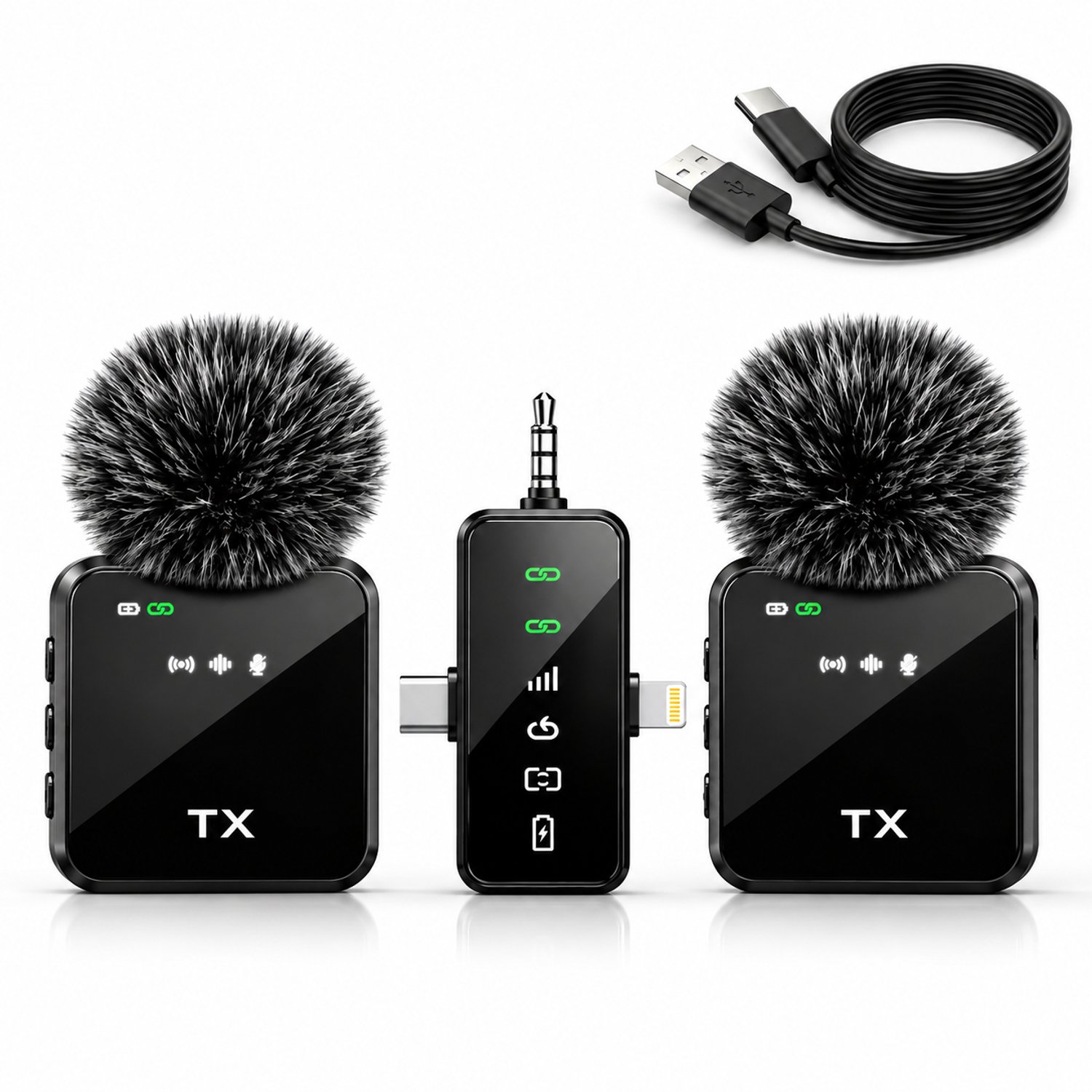 Sounix Draadloze Microfoon Set - 2 Stuks - 3-in-1 Dasspeldmicrofoon met Ruisonderdrukking - Plug & Play - USB-C, Lightning & 3,5 mm - Voor iPhone, Android, Camera, Vloggen & Interviews - Zwart