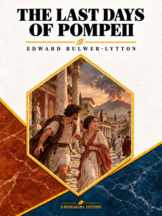 Boekomslag 'The Last Days of Pompeii' door Edward Bulwer-Lytton met een koppel vluchtend voor een uitbarstende Vesuvius.