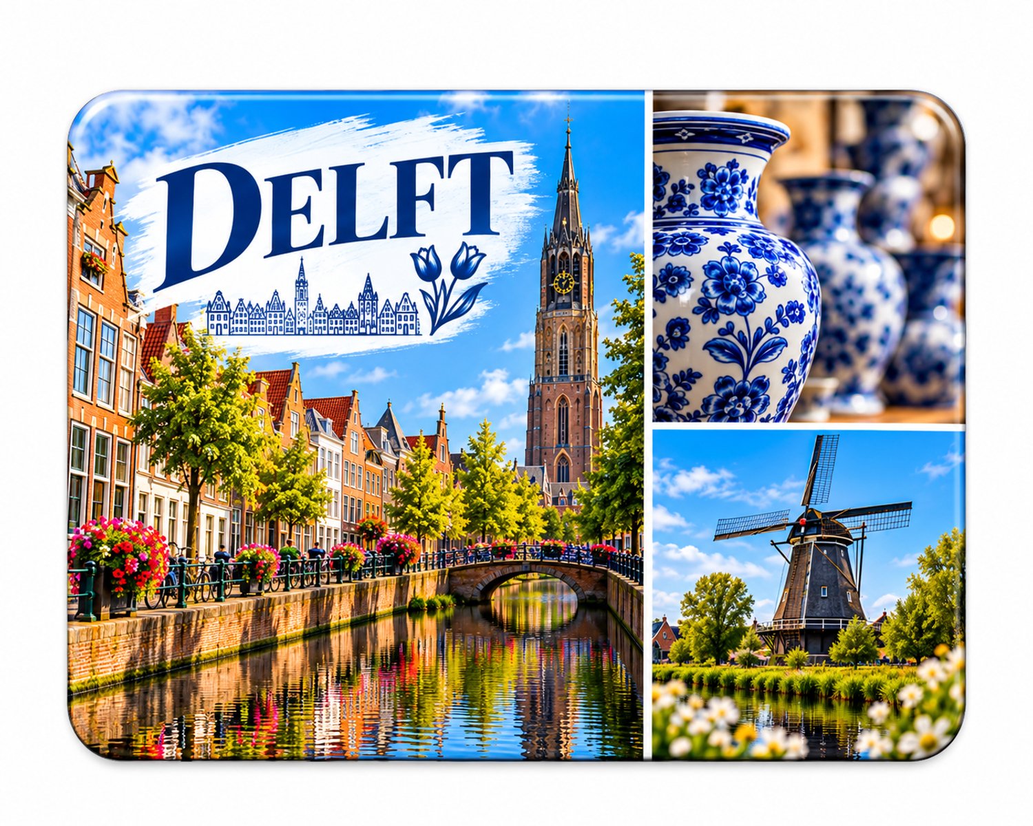 Delft Koelkastmagneet MDF 9 x 7 cm – Souvenir met Delfts Blauw, Grachten en Molen