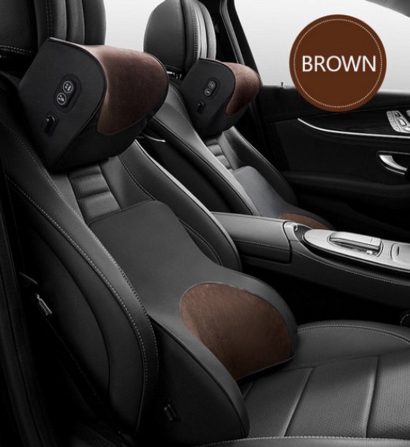 rimmo Auto Kussen Set – Hoofdsteun en Rugkussen – Vibrerend Zitkussen voor de Auto – Autostoel Kussen – Comfort Accessoires voor Auto- Zwart En Bruin