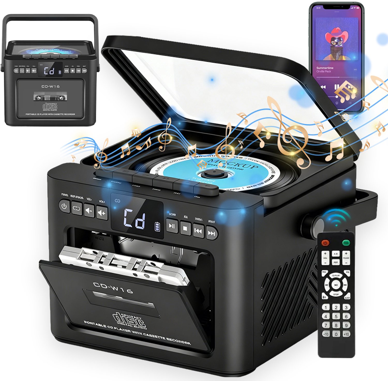 CD- en Cassettespeler met Bluetooth - Draagbare CD Radio - Bluetooth 5.1 - FM Radio - USB, SD & AUX - Oplaadbare 5000mAh Accu - Cassette Afspelen & Opnemen - Afstandsbediening - Zwart