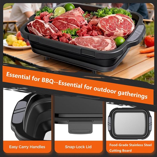 Inklapbare BBQ Prep Tub met Deksel - Snijplank & Marineerbak - Met Afvoerstop - Ruimtebesparend Camping Keukengerei Zwart — afbeelding 3