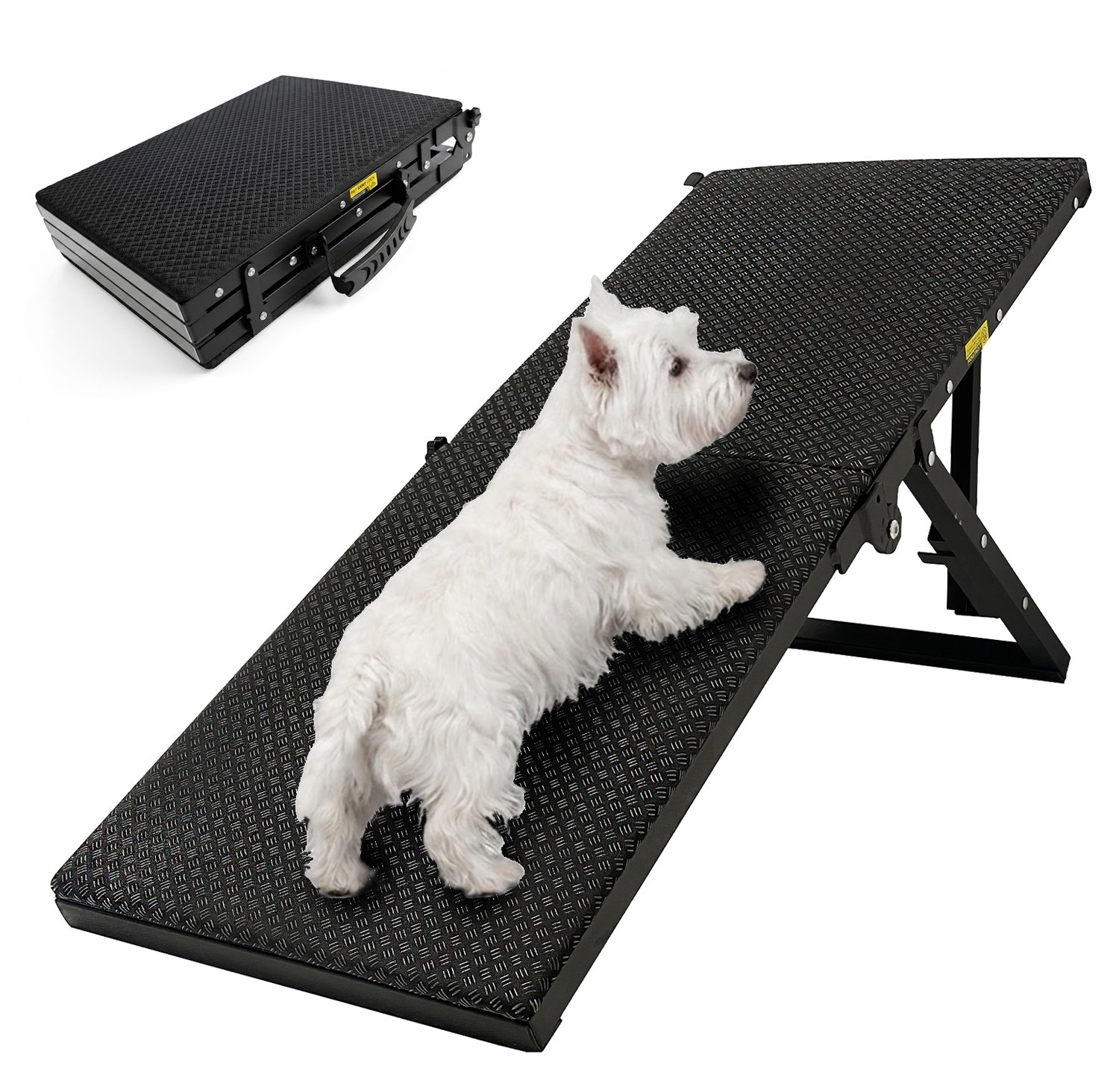 Hondenloopplank Inklapbaar - Verstelbare Hondentrap 5 Hoogtes - 35 tot 51 cm - Metalen Frame met Handvat & Antislip Bekleding - Voor Kleine & Oudere Honden - Bed, Bank & Auto - Zwart