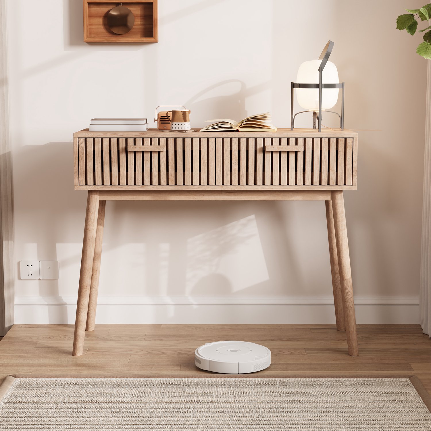 Sidetable 100x35x80cm Scandinavisch, Houten Haltafel met 2 Softclose Lades, Consoletafel met Massief Houten Poten voor Hal Slaapkamer Woonkamer