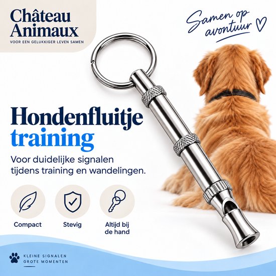 Compact en stevig metalen hondenfluitje met sleutelring, ideaal voor training en wandelen.