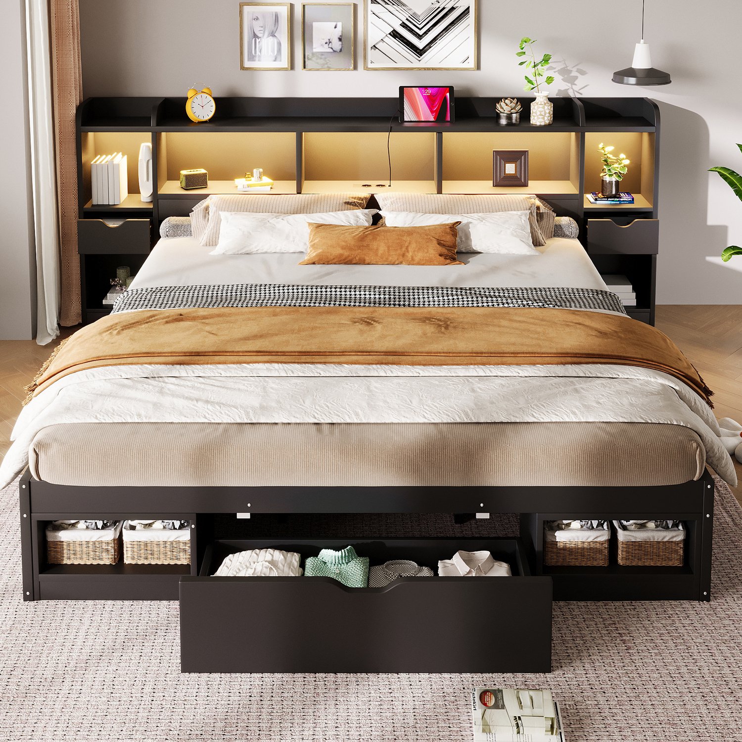 MUVANO Bed 180x200 met opbergruimte - Bed met 3 lades - Bedframe met led verlichting-Bed met usb aansluiting - 180x200 cm- Opbergen - Slaapkamer Zwart