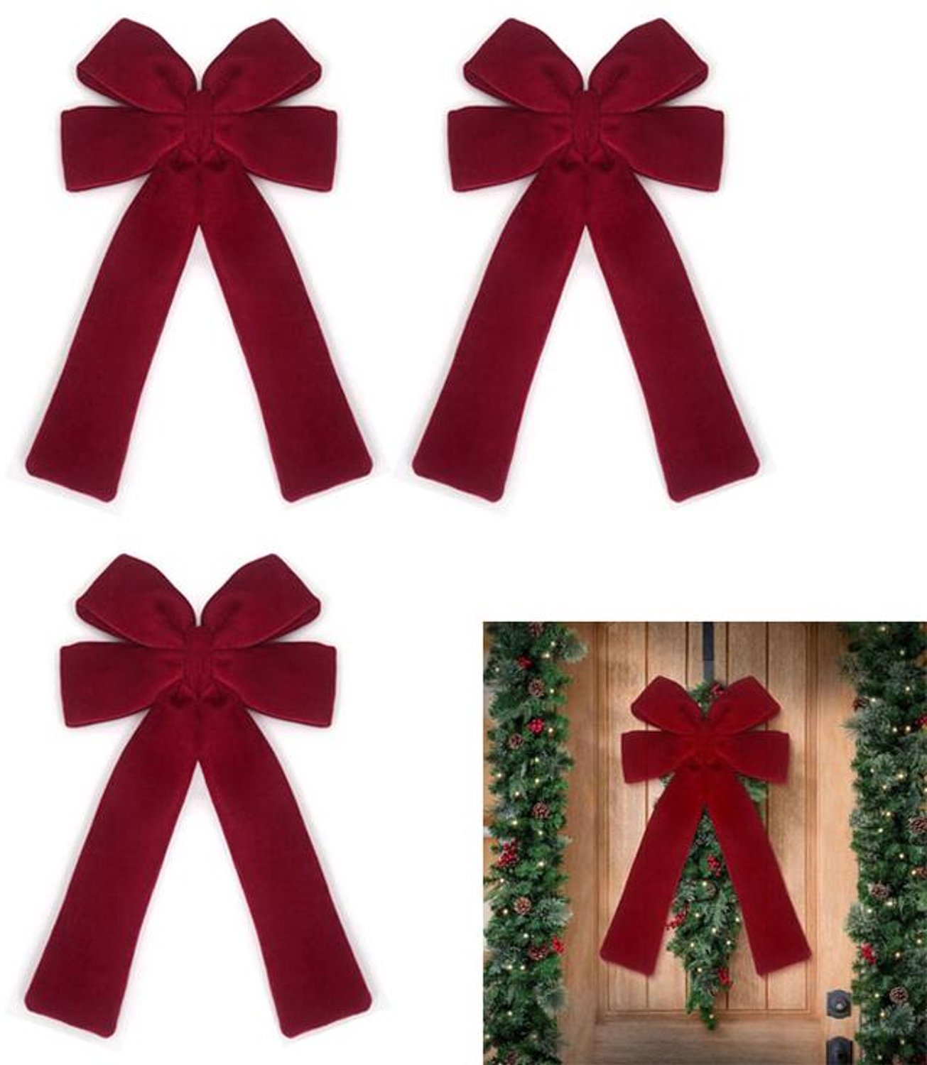KZQ 3 Stuks Grote rode kerststrik – fluweel – geschikt voor het versieren van kerstkransen, kerstbomen, openhaarden en deuren of ramen bij de ingang – 30 x 54 cm