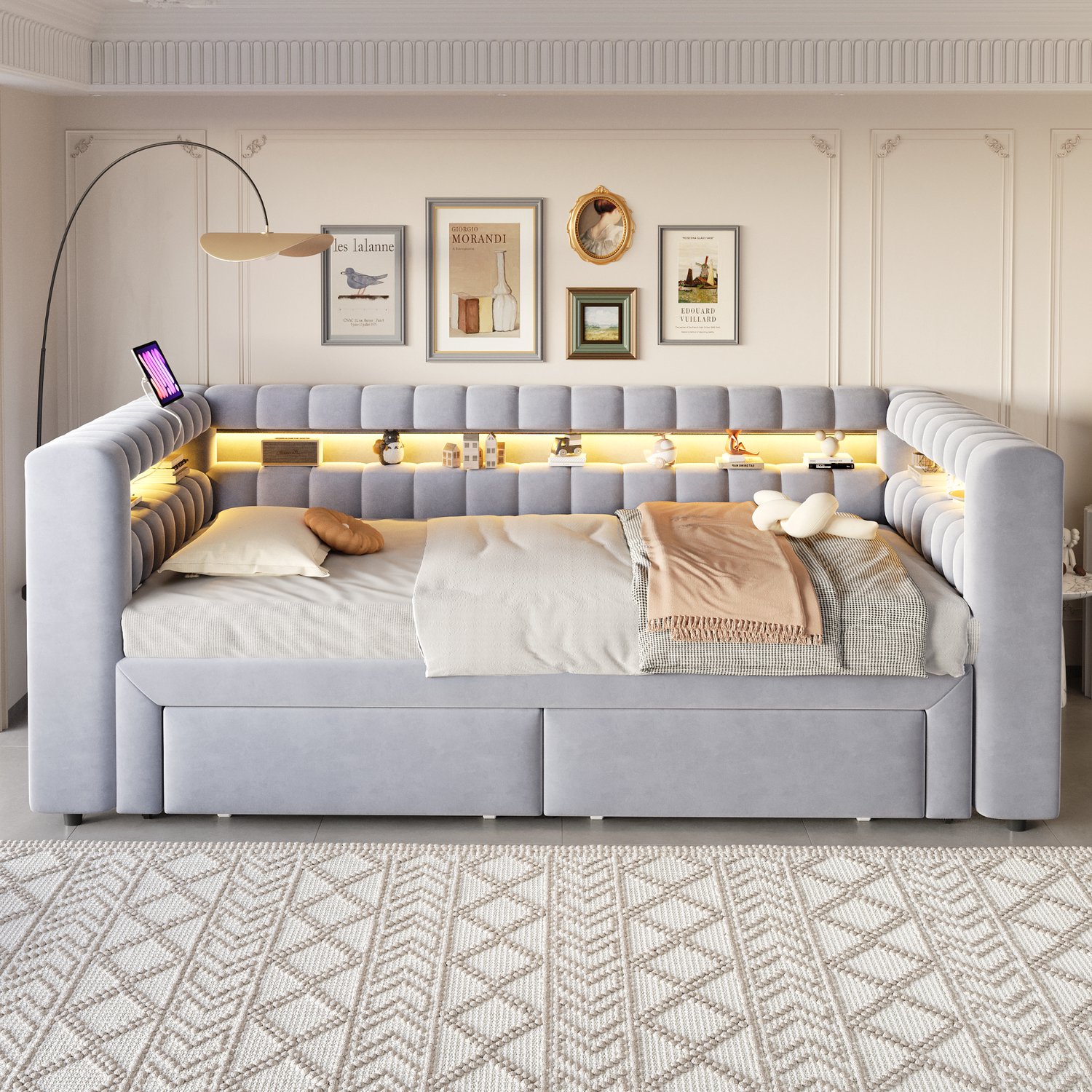 Merax 90x190 cm slaapbank - met uitschuifbaar bed en lade - met opbergvakken - LED-verlichting - USB- en Type-C-aansluiting - lichtgrijs - zonder matras