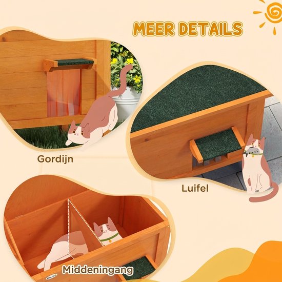 Details van het kattenhuis: deur met gordijn, luifel boven de ingang en een interne scheidingswand.