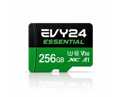 Evy24 Essential Micro SD Kaart 256GB met SD Adapter - MicroSDXC Geheugenkaart - 90 MB/s Lezen, 70 MB/s Schrijven - A1 U3 V30 Class 10 - Voor Smartphone, Tablet en Camera