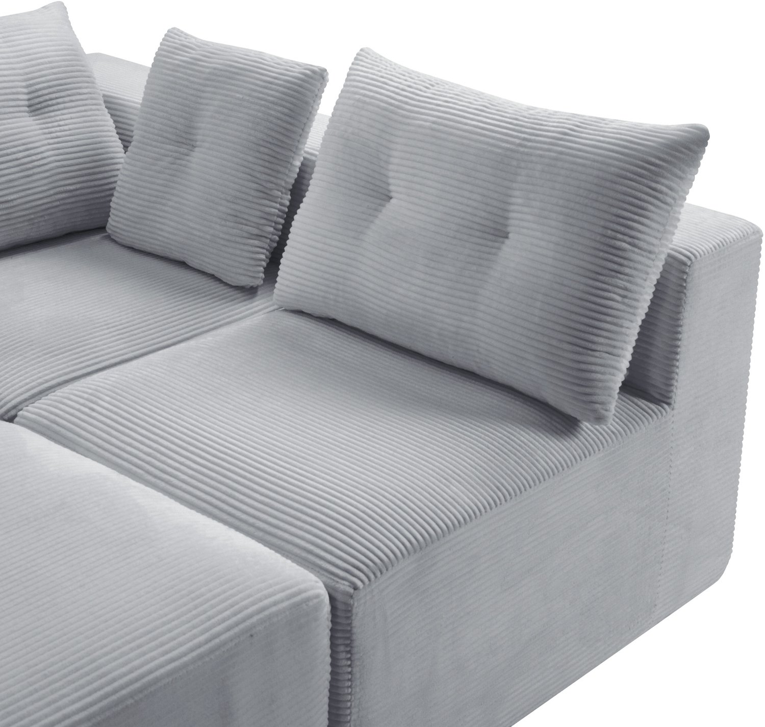 OKWISH Hoekbank 254 x 92 x 82 cm - Modulaire 4-Zitsbank met Diepe Zit en Sierkussens - Woonkamer en Appartement - Ribfluweel - Grijs