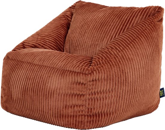 Terra-oranje kinderzitzak van zacht ribfluweel met blauw 'icon kids' label aan de zijkant.
