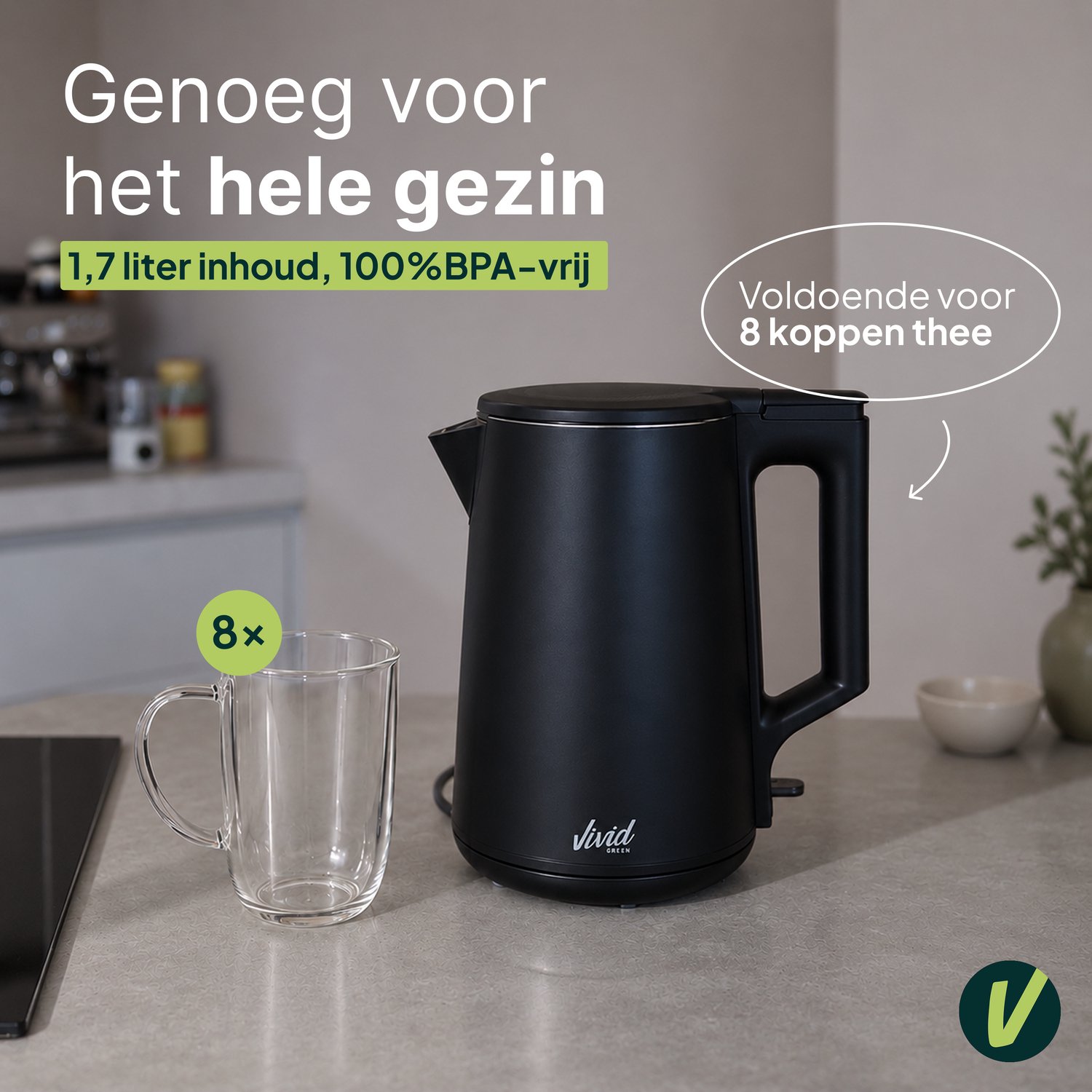 Vivid Green Waterkoker - 1.7L - Dubbelwandig - BPA-vrij - RVS - 2000W - Elektrisch - Zwart thumbnail 2
