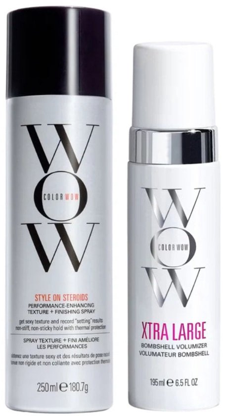 Color Wow Style On Steroids haarspray en Xtra Large Bombshell volumizer in twee flessen.