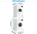 Wit metalen wasmachine-tussenstuk met afmetingen van 60x67 cm bovenop en 57,46x61,92x95,96 cm bij de basis.