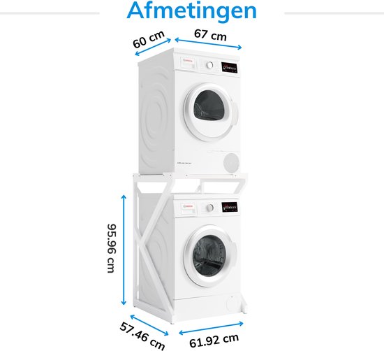 Wit metalen wasmachine-tussenstuk met afmetingen van 60x67 cm bovenop en 57,46x61,92x95,96 cm bij de basis.