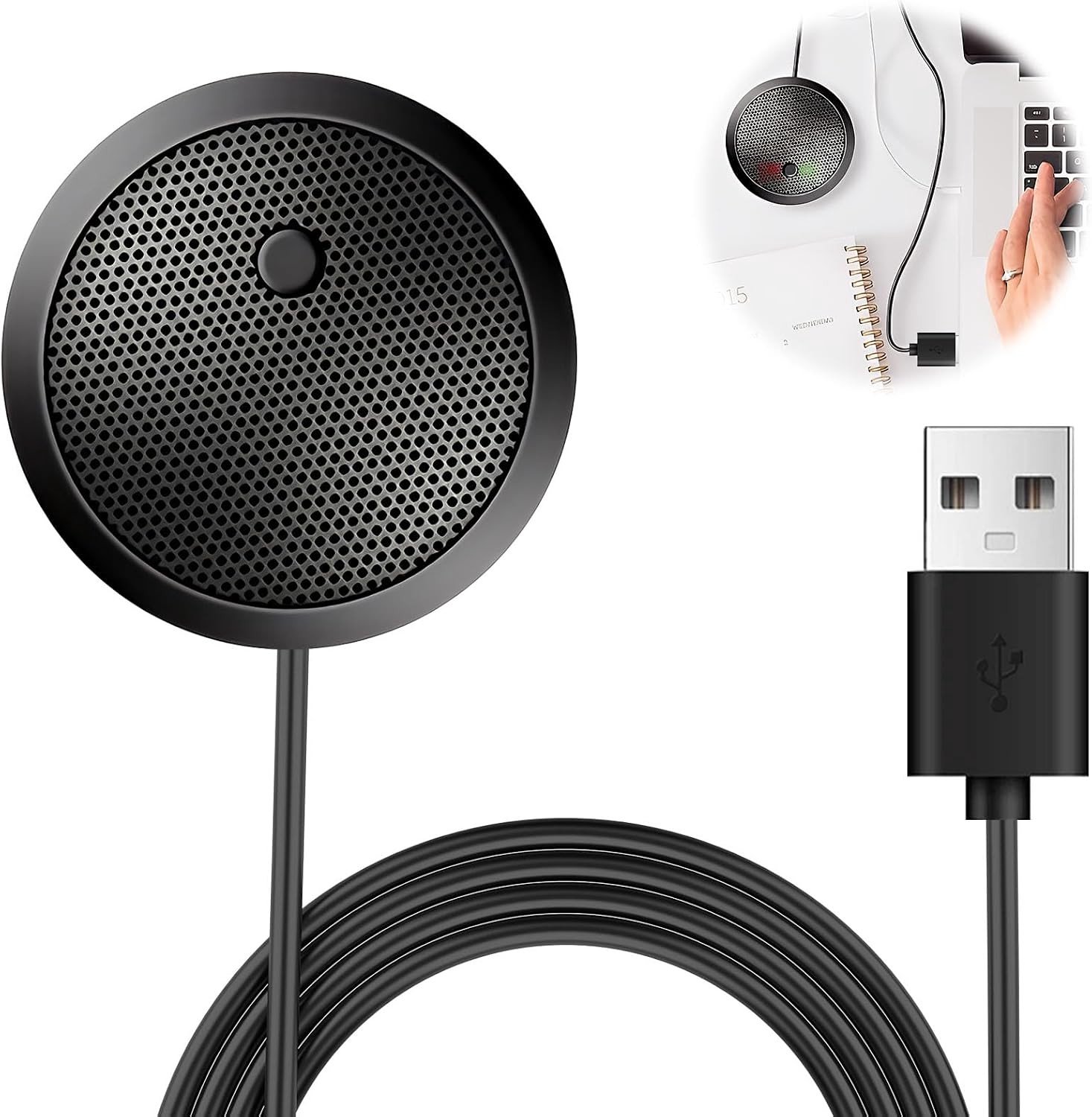 USB-microfoon - Zwart - 60 mm diameter - Omnidirectionele Condensatormicrofoon met Mute-knop - Voor Vergaderingen en Online Onderwijs