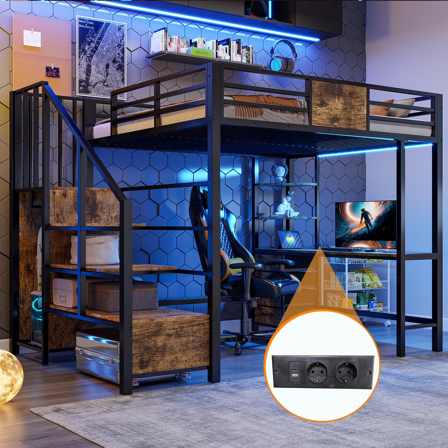 Zubaliya Metalen Stapelbed 140x200 cm Zwart Met LED-verlichting, Opbergruimte