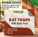 Doos met rattenvallen, voorzien van TWILG-logo, tekst 'RAT TRAPS', 'Kills Rats Fast' en kenmerken voor hergebruik.