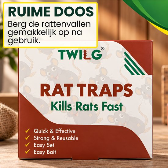 Doos met rattenvallen, voorzien van TWILG-logo, tekst 'RAT TRAPS', 'Kills Rats Fast' en kenmerken voor hergebruik.