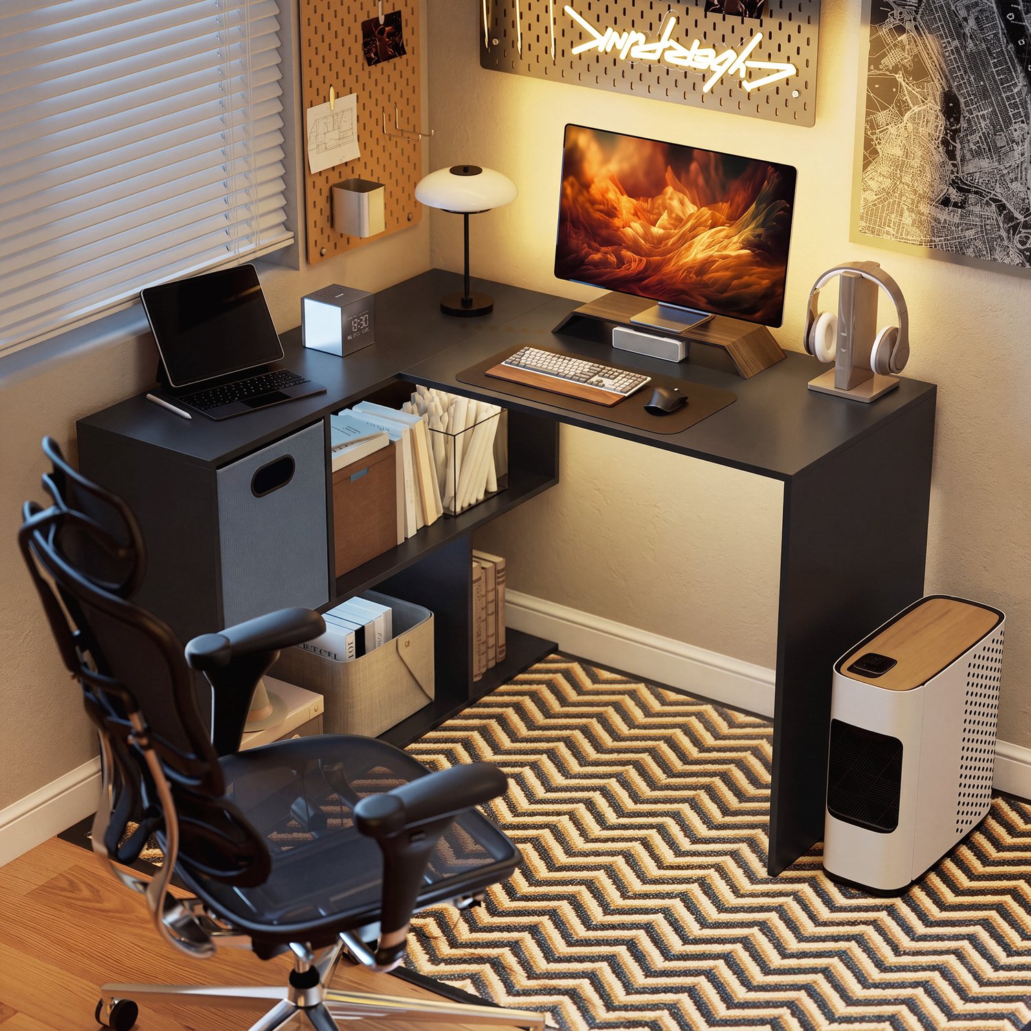 MUVANO Hoekbureau - L-vormig computerbureau - Met stoffen lade en vier open vakken - 110 x 100 x 75 cm - Opbergruimte voor werkkamer en studeerkamer - Zwart