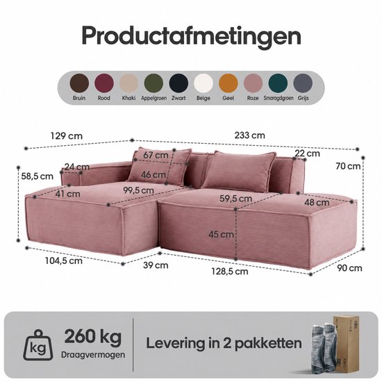 Roze ribstof modulaire bank met gedetailleerde afmetingen en een draagvermogen van 260 kg in 2 pakketten.