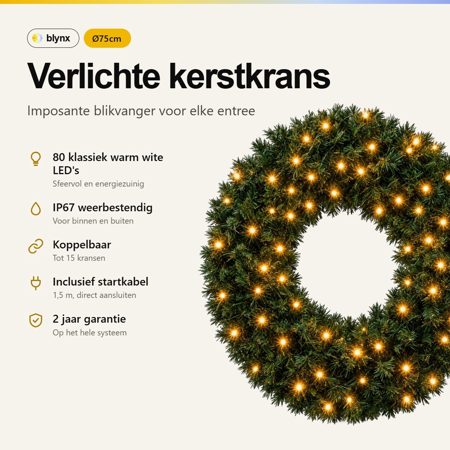 Blynx Kerstkrans met Verlichting Buiten - Ø 75 cm - 80 Klassiek Warm Witte LED Lampjes - IP67 waterdicht - Koppelbaar - Incl. Startkabel – foto 4