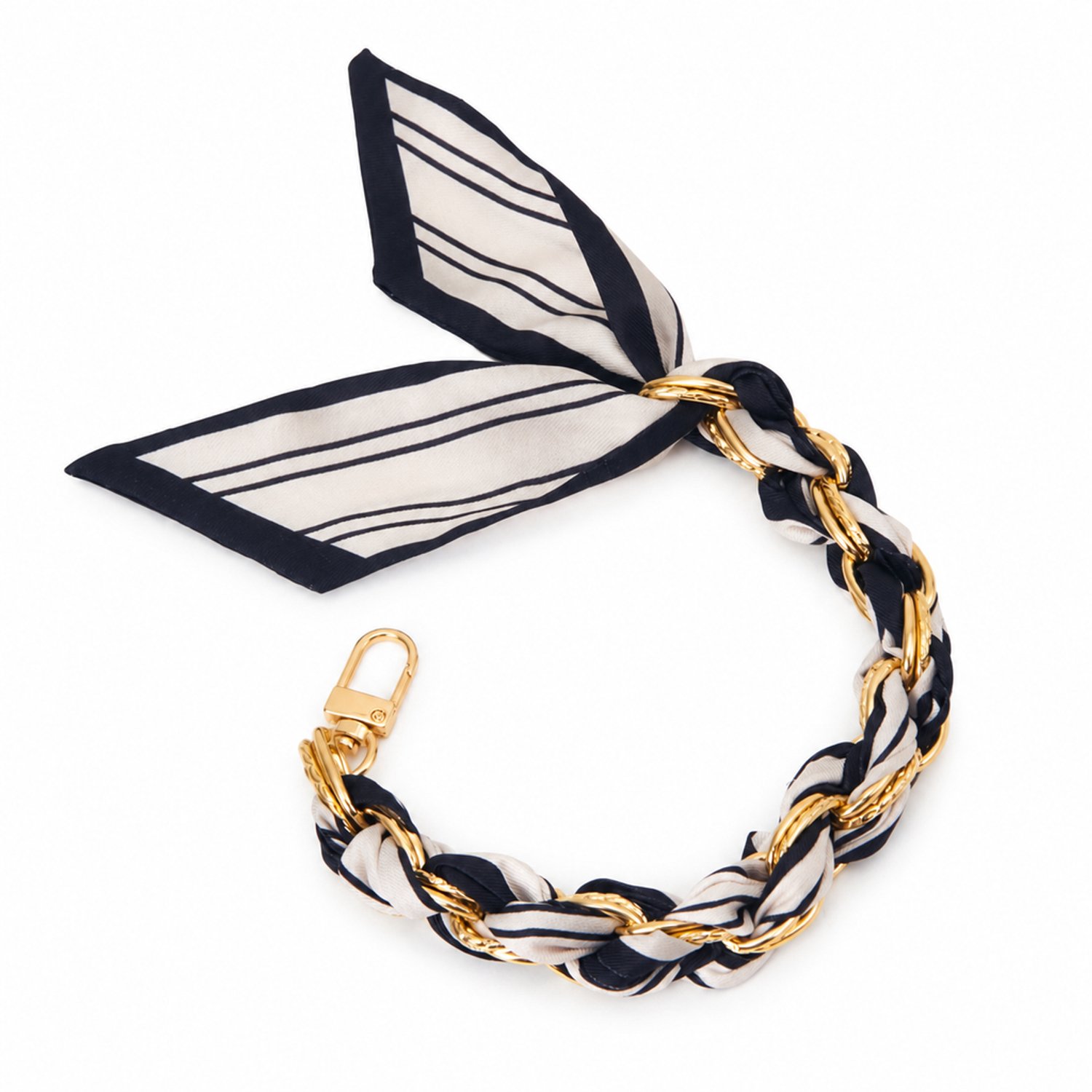 Telefoonkoord 32 cm met zwart-wit gestreepte polyester band, goudkleurige ketting en metalen sluiting, los verpakt