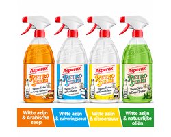 Asperox Retro Allesreiniger Spray – Set van 4 x 1 Liter – Witte Azijn met Arabische Zeep, Zuiveringszout, Citroenzuur & Natuurlijke Oliën