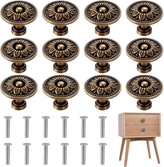 Twaalf ronde vintage bronzen kastknoppen met bloemmotief, inclusief schroeven en een houten kastje.