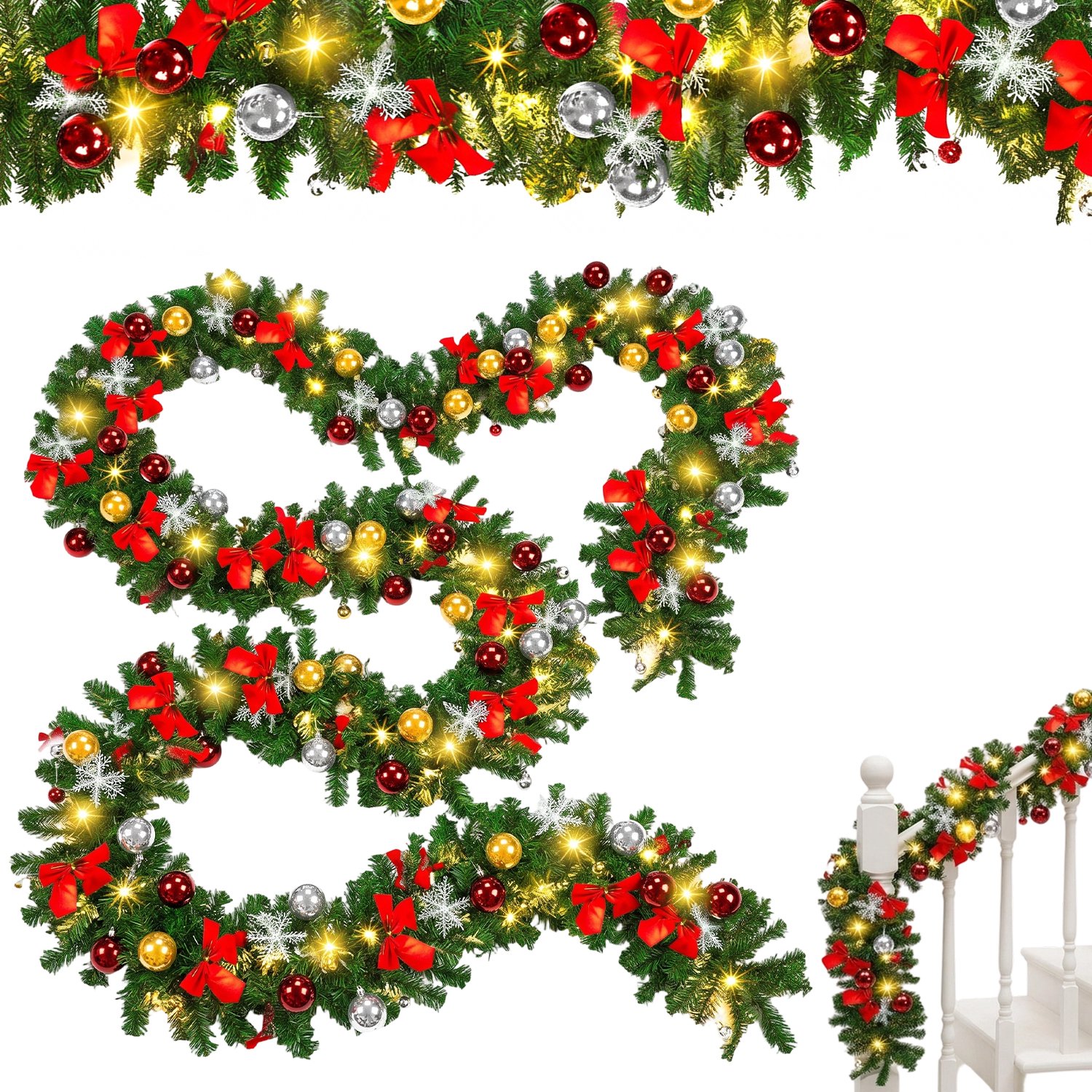 Kerstguirlande met Verlichting - 5 Meter - Groene Kunstdennen Slinger met 100 Warmwitte LED-lampjes en 8 Lichtstanden - Voor Trap en Schouw
