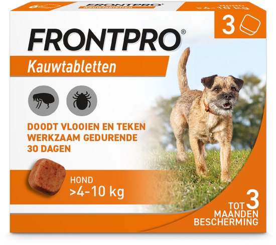 Frontpro kauwtabletten voor honden van 4-10 kg, beschermt 30 dagen tegen vlooien en teken, verpakking met 3 tabletten.