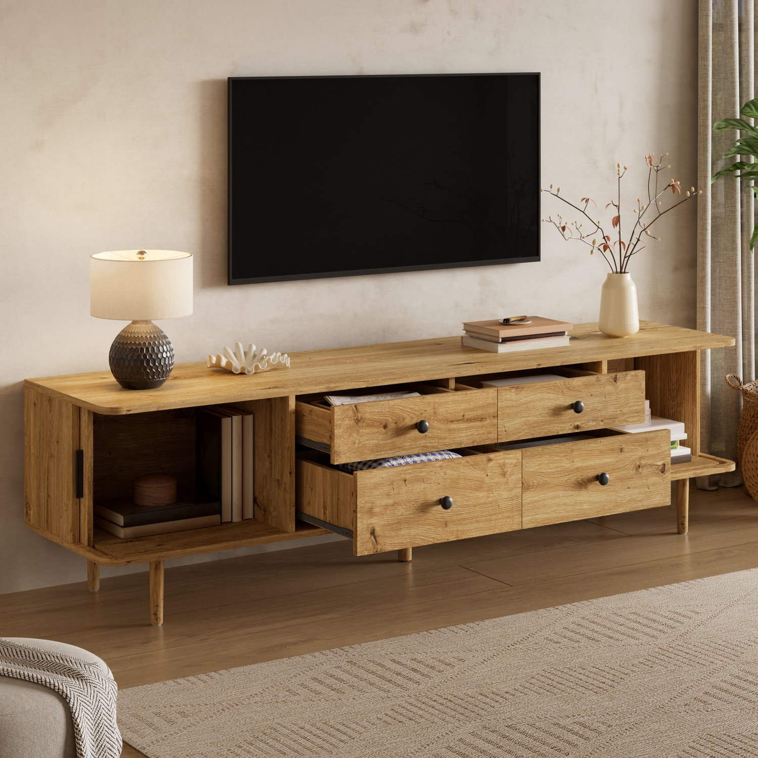 Wishdor Tv-meubel - 4 lades en 2 schuifdeuren - Kleine en grote lades voor opbergen - Afgeronde hoeken en verhoogd onderstel - Woonkamer - MDF met houtlook - Houtkleur - 165 x 40 x 46 cm