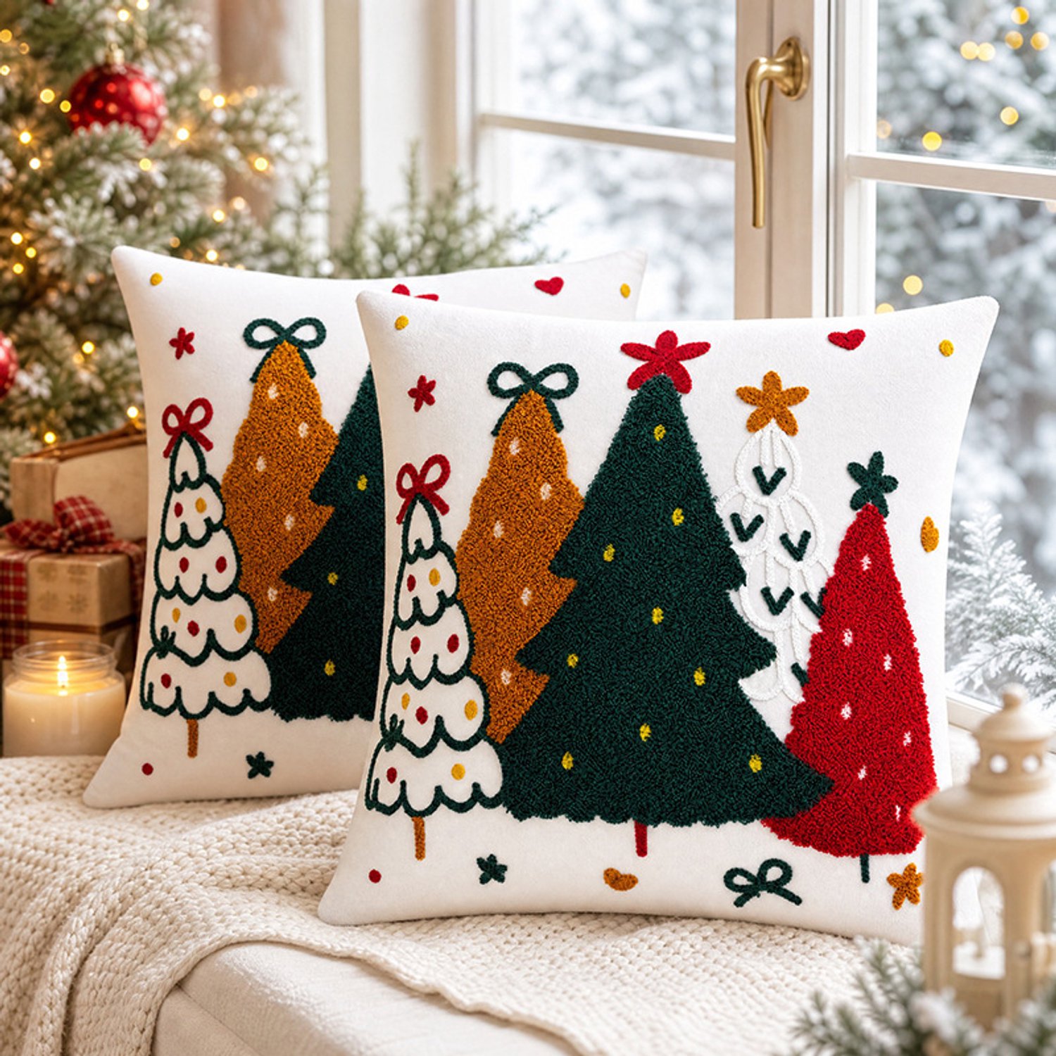 FLITI Kerst Kussenhoezen Set van 2 - 45x45 cm - Kleurrijke Kerstbomen met Reliëfborduurwerk - Decoratieve Hoezen voor Bank en Woonkamer - Zonder Vulling Wit