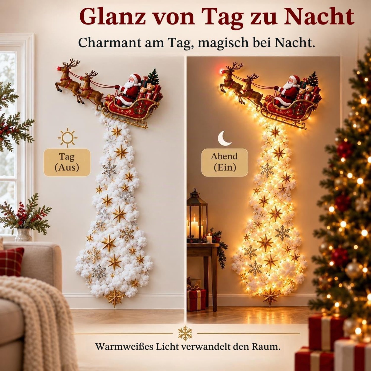 Kerst Magic Trail wandlamp, kerstman slee rendier hangende decoratie met warm witte led, 3D ster en sneeuwvlok, indoor vakantie decoratie voor woonkamer, feestelijk kerstcadeau 60cm – foto 6