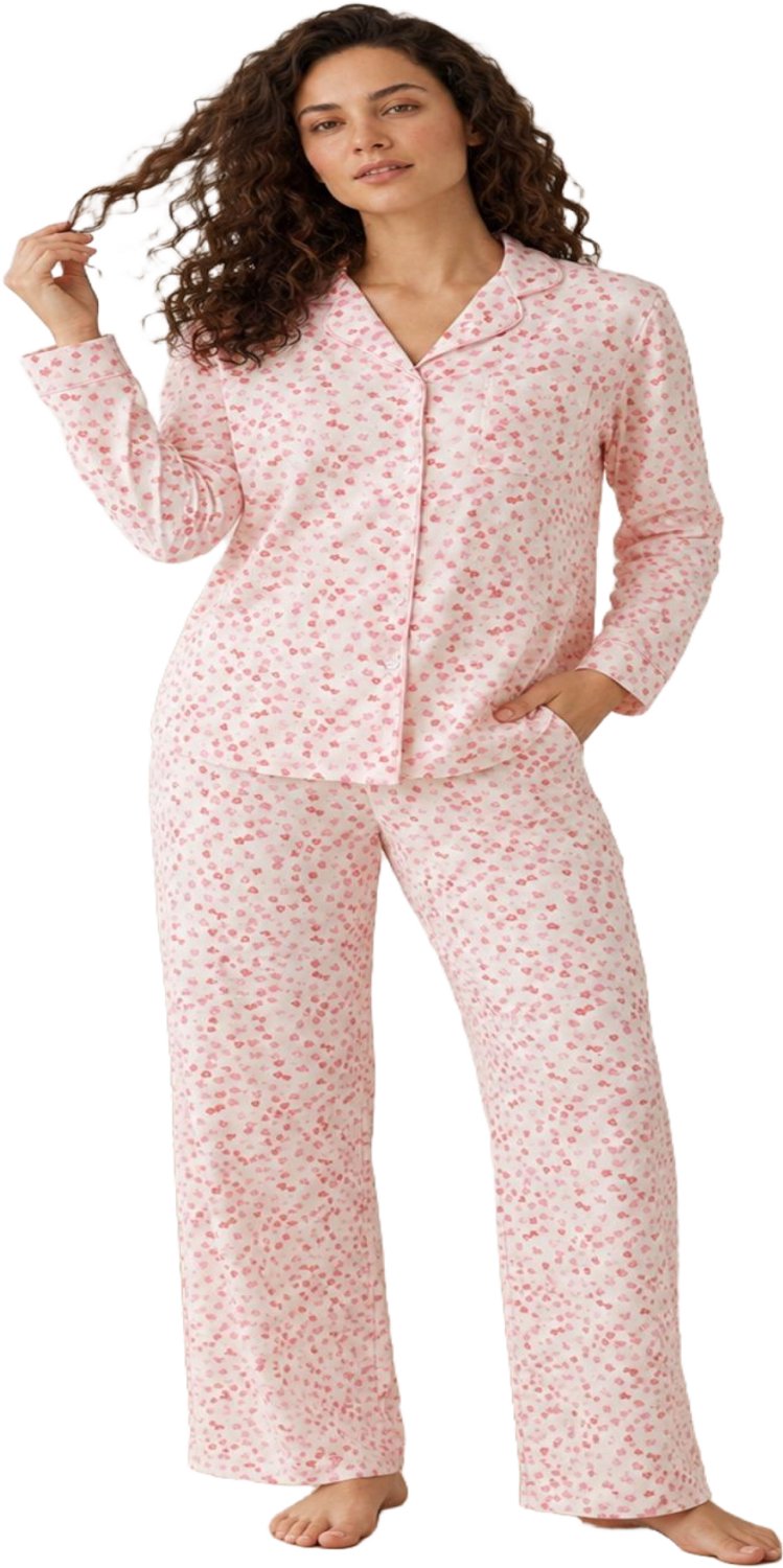 Imily Bela Dames Tweedelige Pyjamaset met Bloemenprint, Reverskraag en Lange Broek Roze