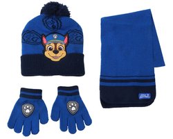 Paw Patrol Chase Winterset Kinderen - Muts, Sjaal en Handschoenen - Wintermuts met Pompon - Blauw - One Size