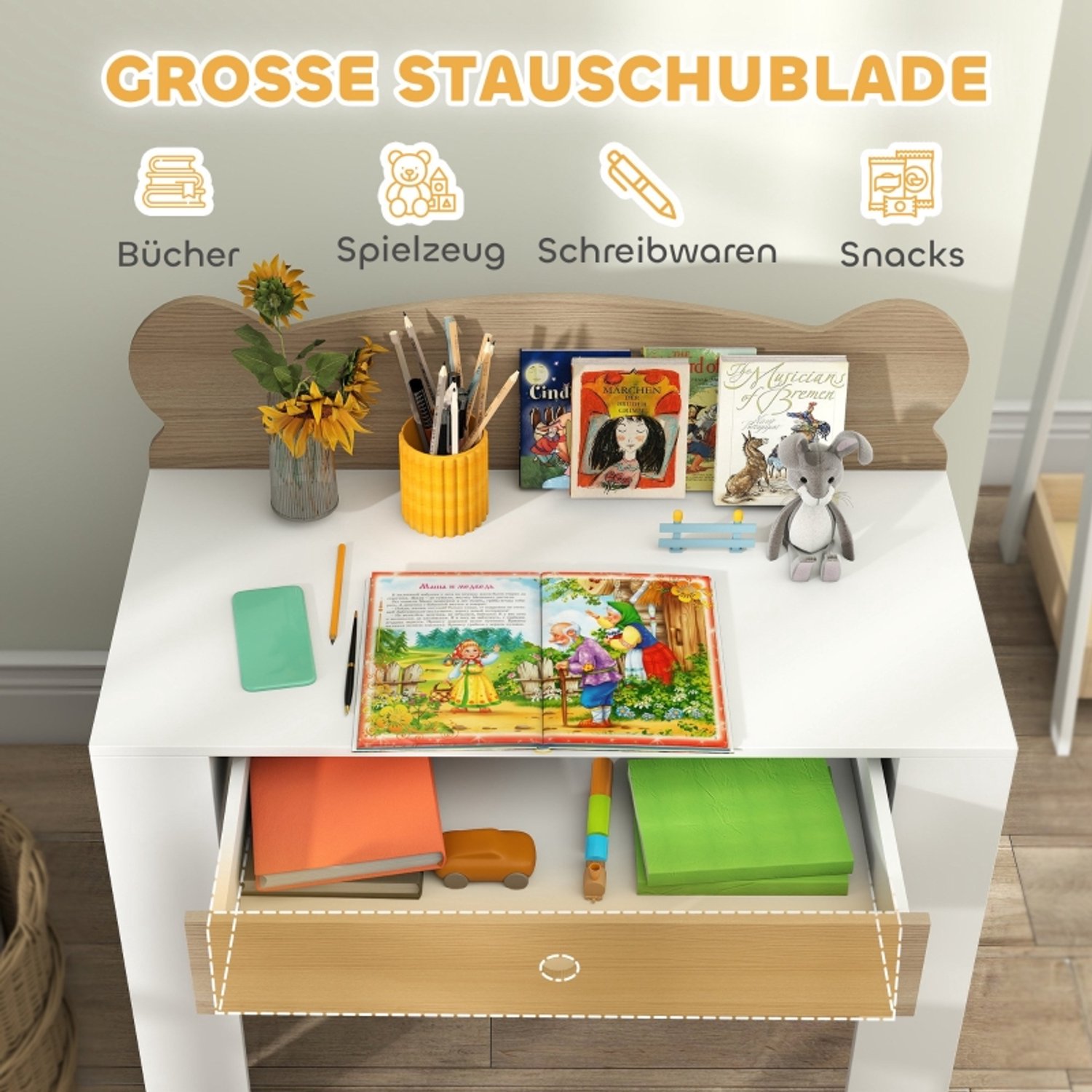 STILVORA Kinderbureau Met Stoel - Lade En Berenvorm - Voor Schrijven En Tekenen In De Kinderkamer - Hout - Naturel - 80 x 41 x 74,5 Cm