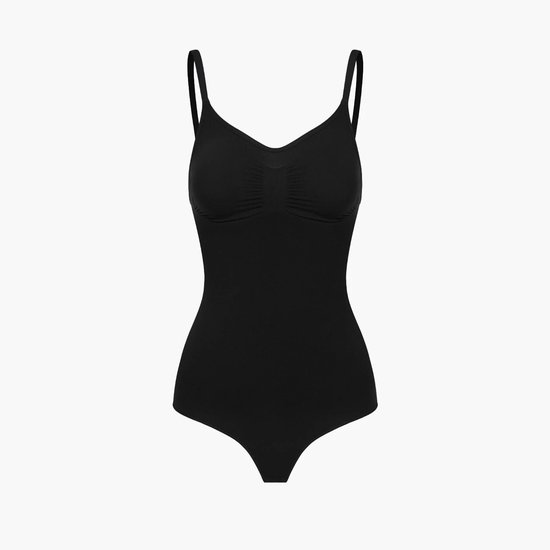 Zwarte naadloze corrigerende bodysuit met een V-hals en geplooid detail op de borst.
