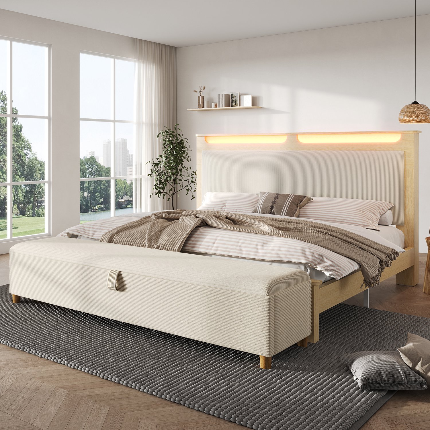 MUVANO Tweepersoonsbed 160x200 cm met matras - Ledverlichting - Opbergbank - MDF en ribstof - Hoofdbord met opbergvakken - Slaapkamer licht eiken en beige