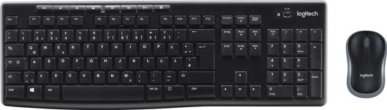 Zwart Logitech draadloos toetsenbord en muis met QWERTY-indeling tegen een zwarte achtergrond.